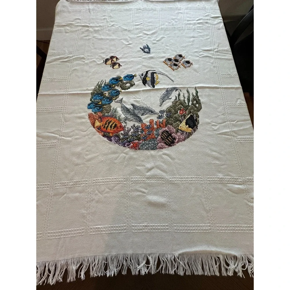 Vintage Embroidered Fish & Ocean‎ Scene Fringe Tablecloth 56'' x 62